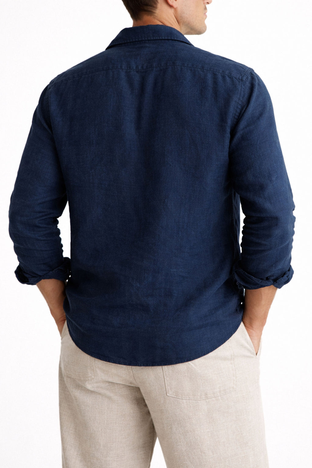 Men Linen Short Kurta-Navy Blue