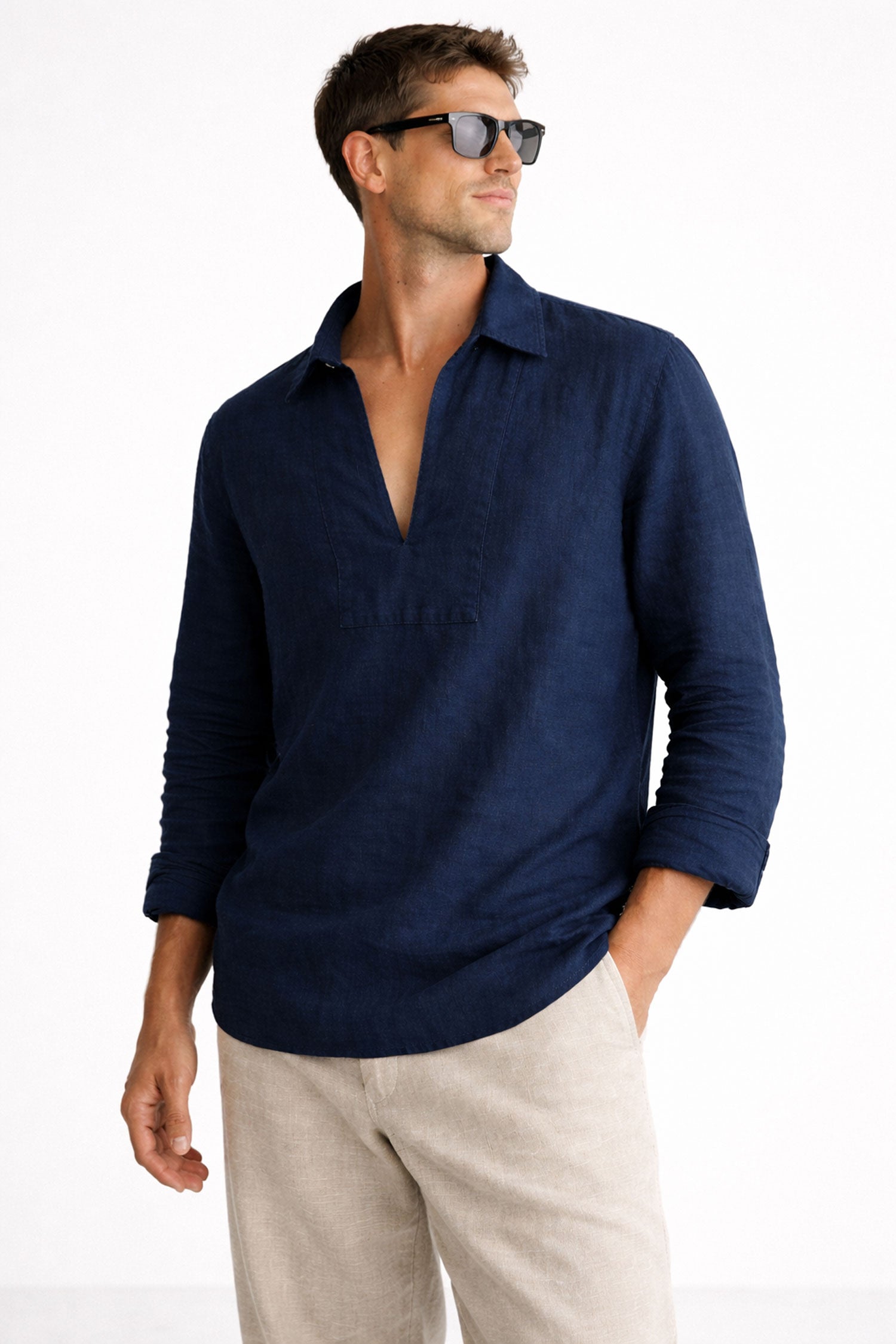 Men Linen Short Kurta-Navy Blue