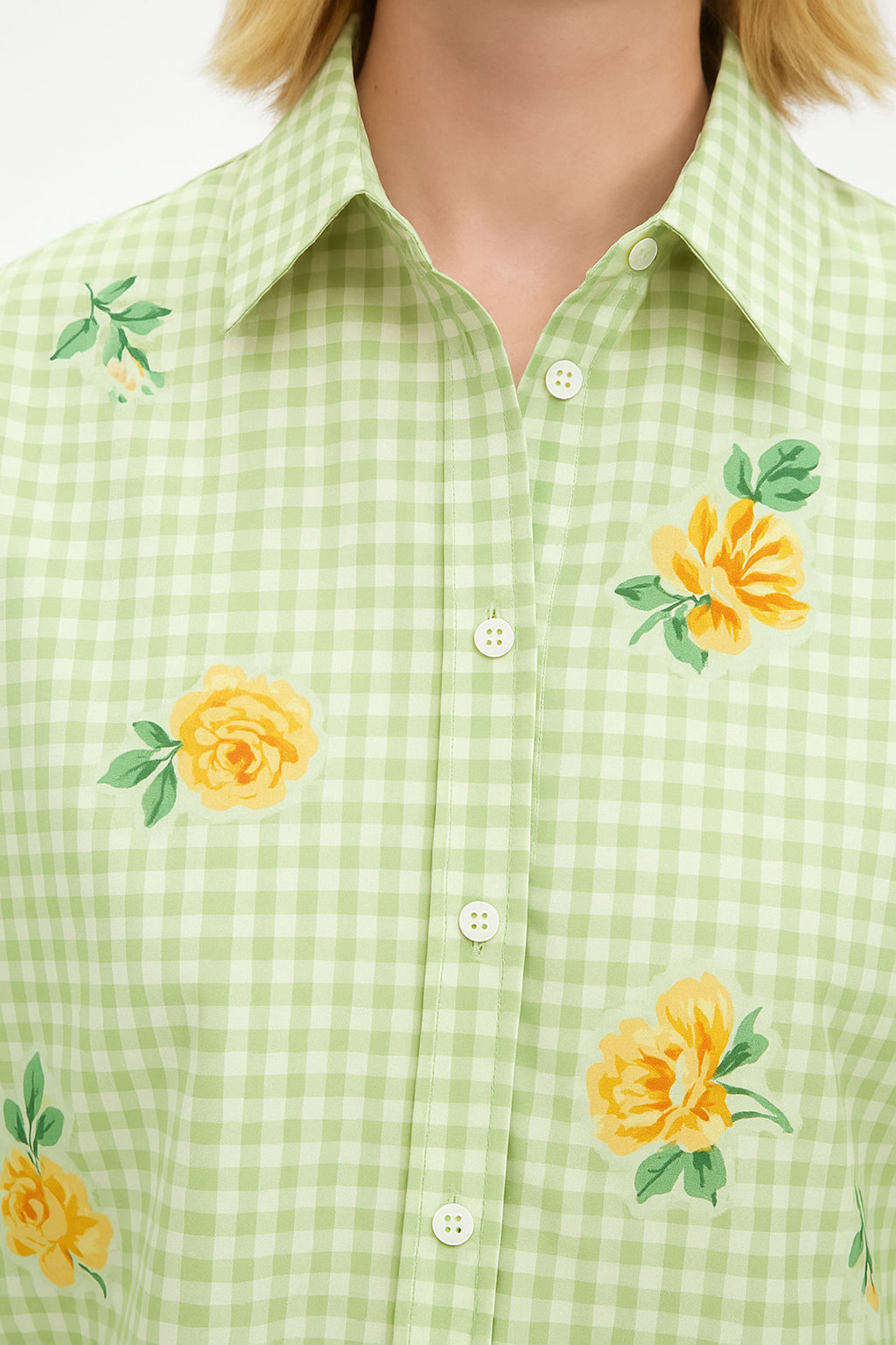 Gingham Checks Printed Flower shirt-Green