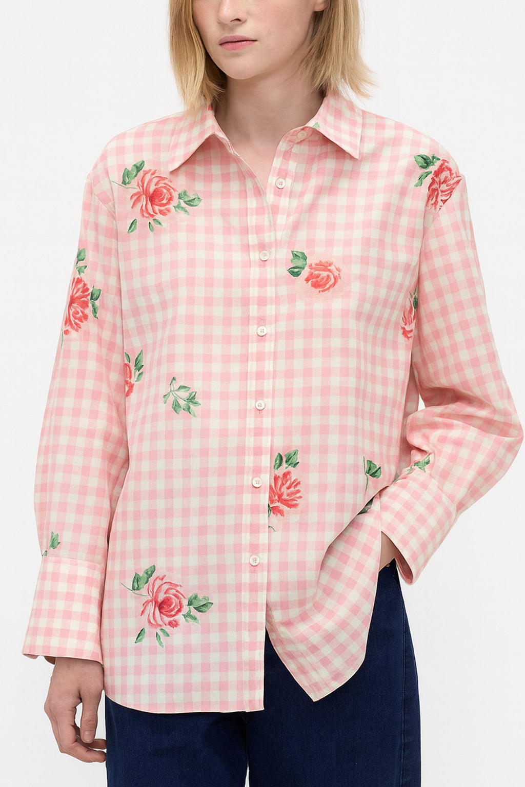Gingham Checks Printed Flower shirt-Pink
