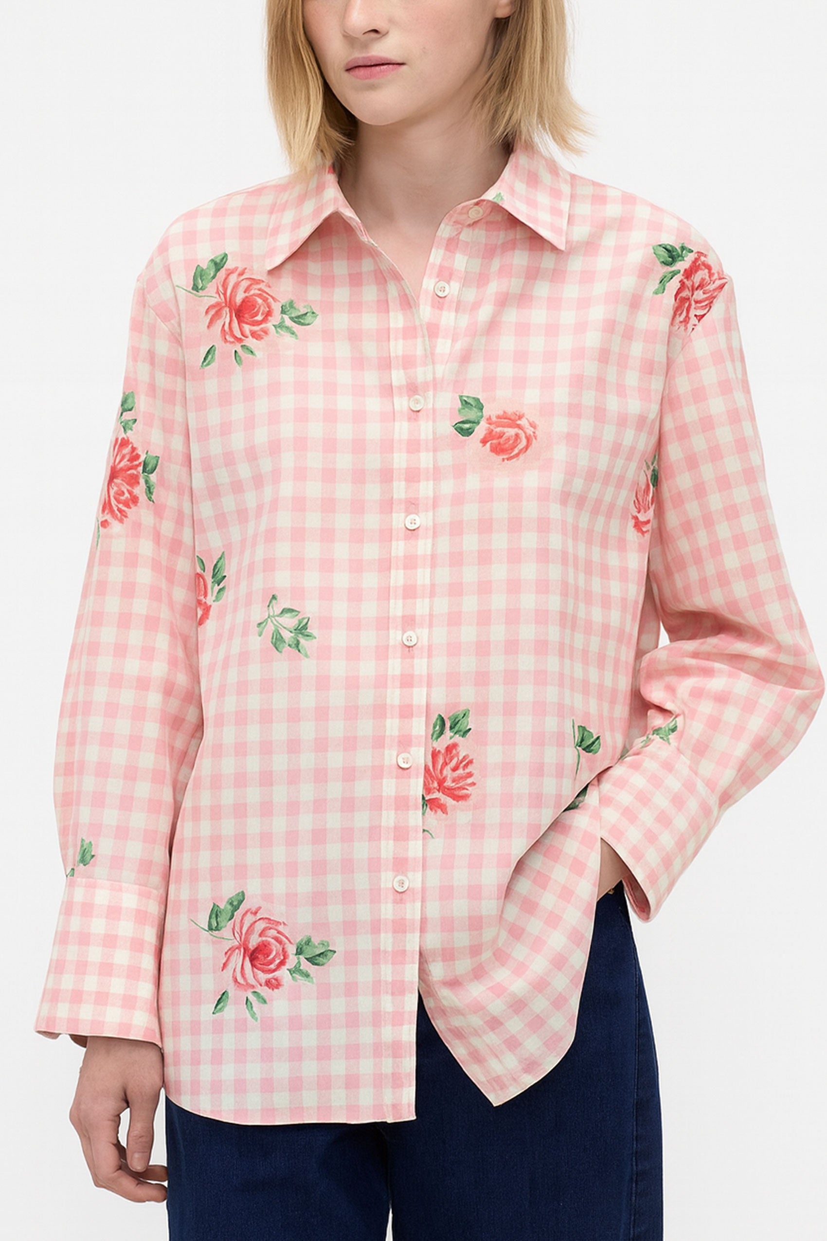 Gingham Checks Printed Flower shirt-Pink