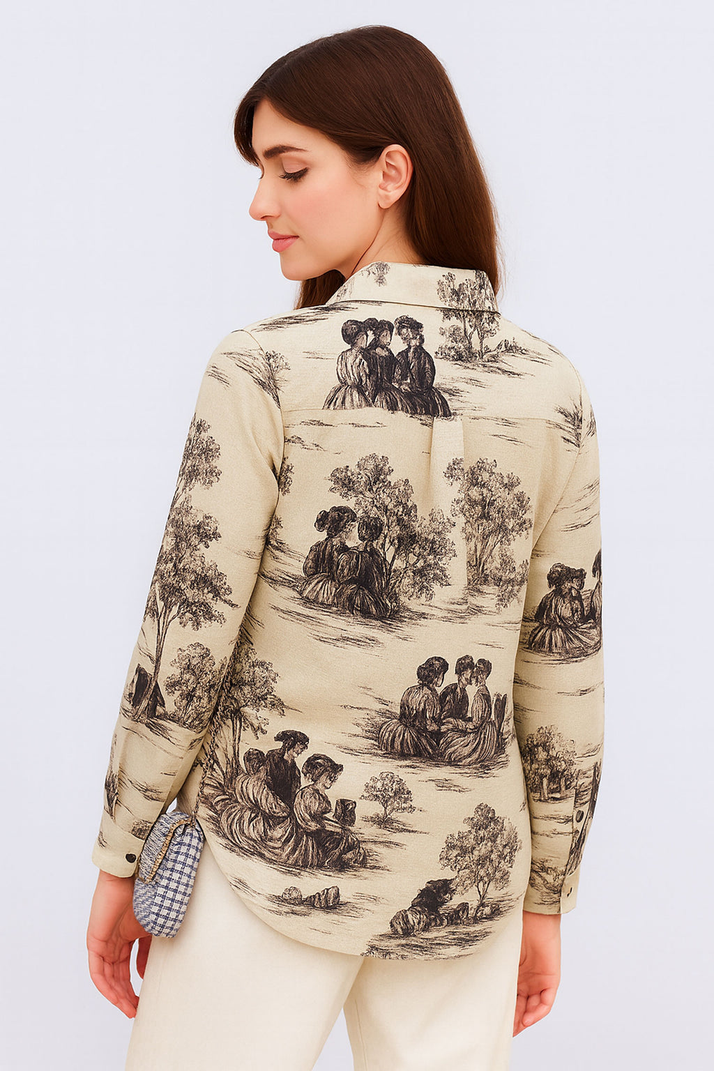 Retro Printed Cotton Flax Shirt-Beige