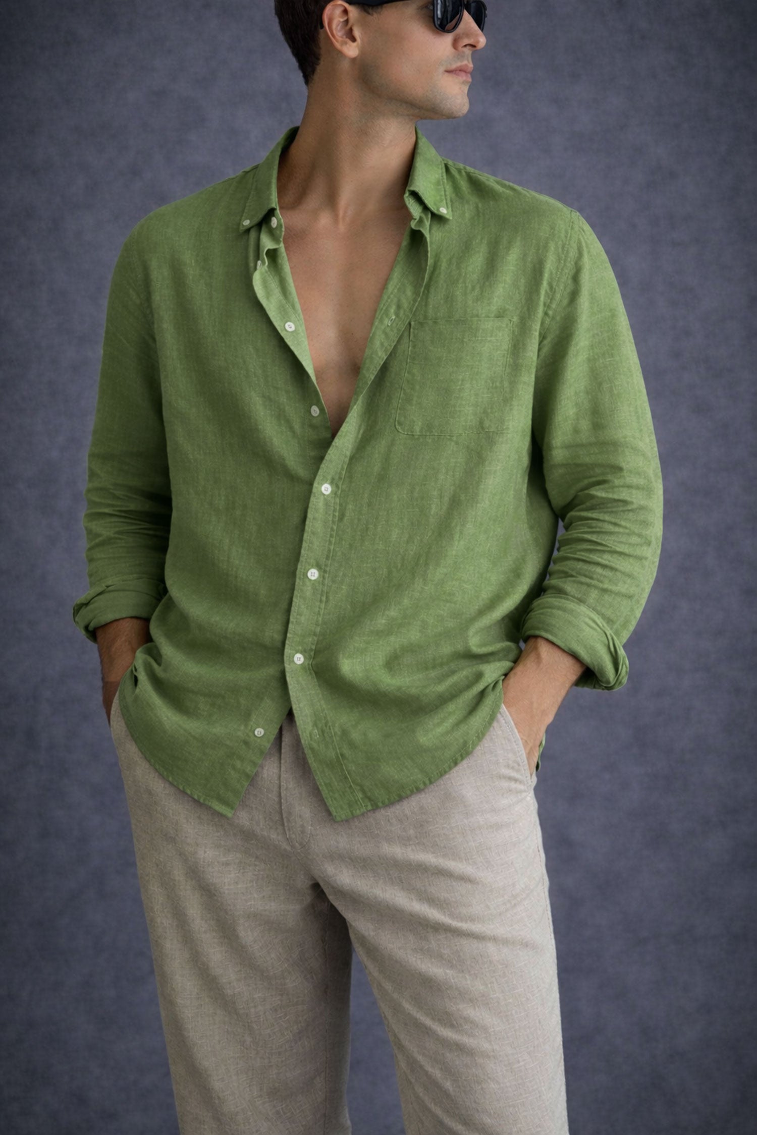 Men Linen shirt-Dusty Green