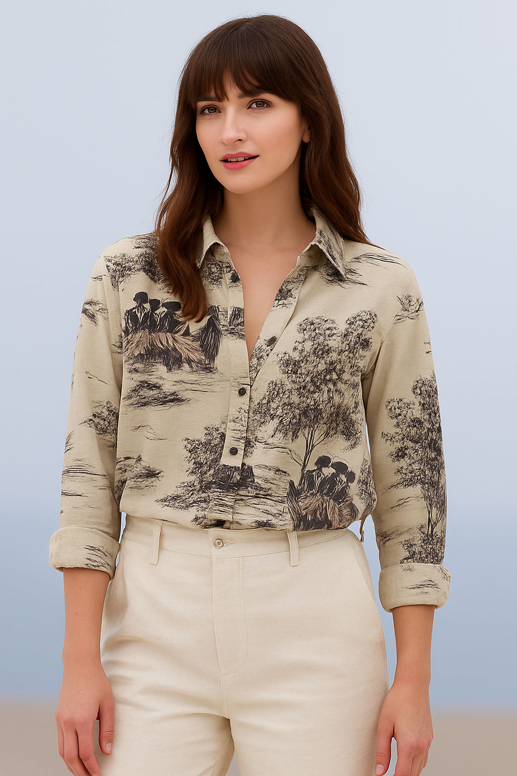Retro Printed Cotton Flax Shirt-Beige