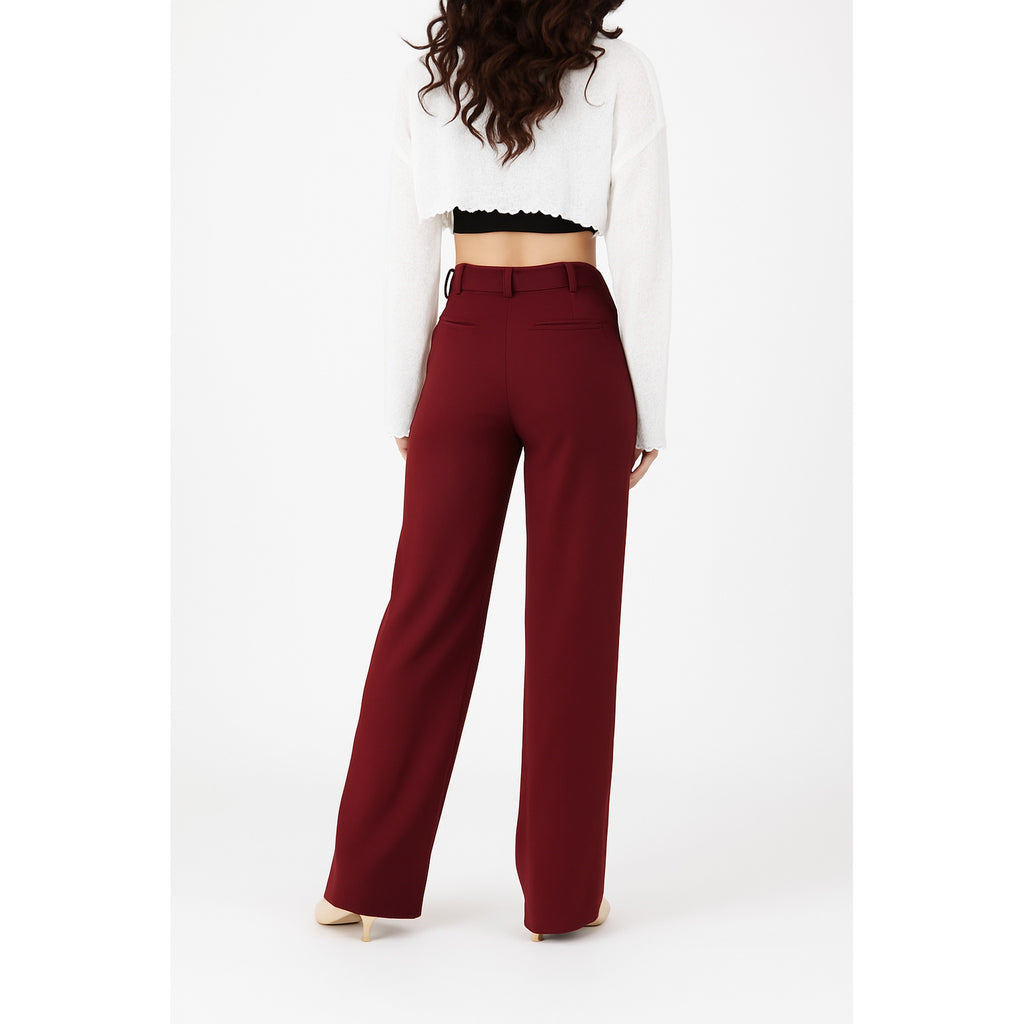 Straight Fit Wide Leg Trouser - Wine