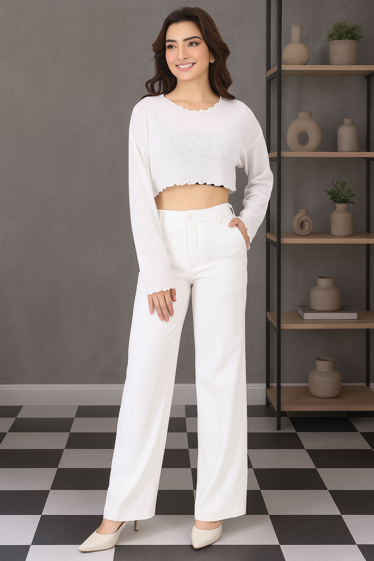 Straight Fit Wide Leg Trouser - White