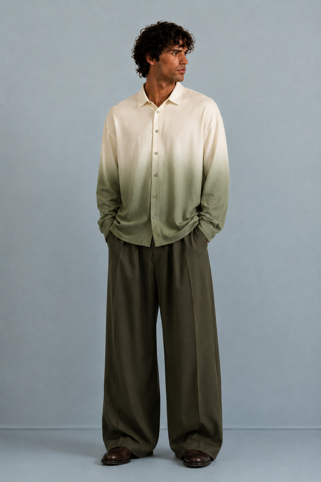 Terry Rayon Baggy Pleated Trousers-Olive Green