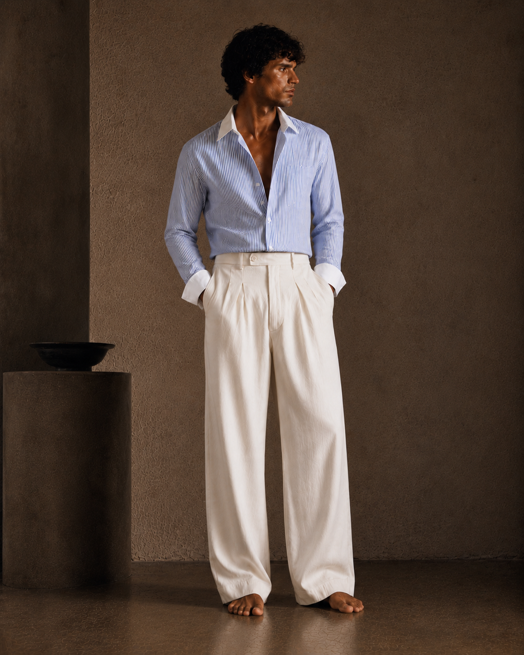 Men Linen Regular Pleated Trouser-Off-White