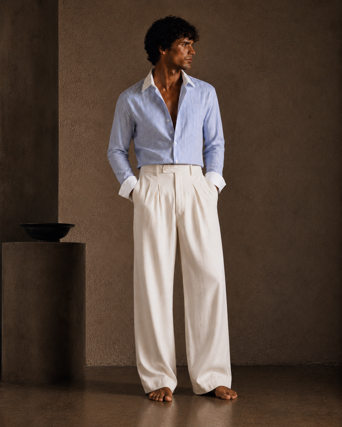 Men Linen Regular Pleated Trouser-Off-White