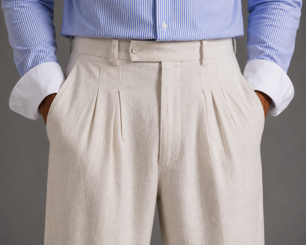 Men Linen Regular Pleated Trouser-Off-White
