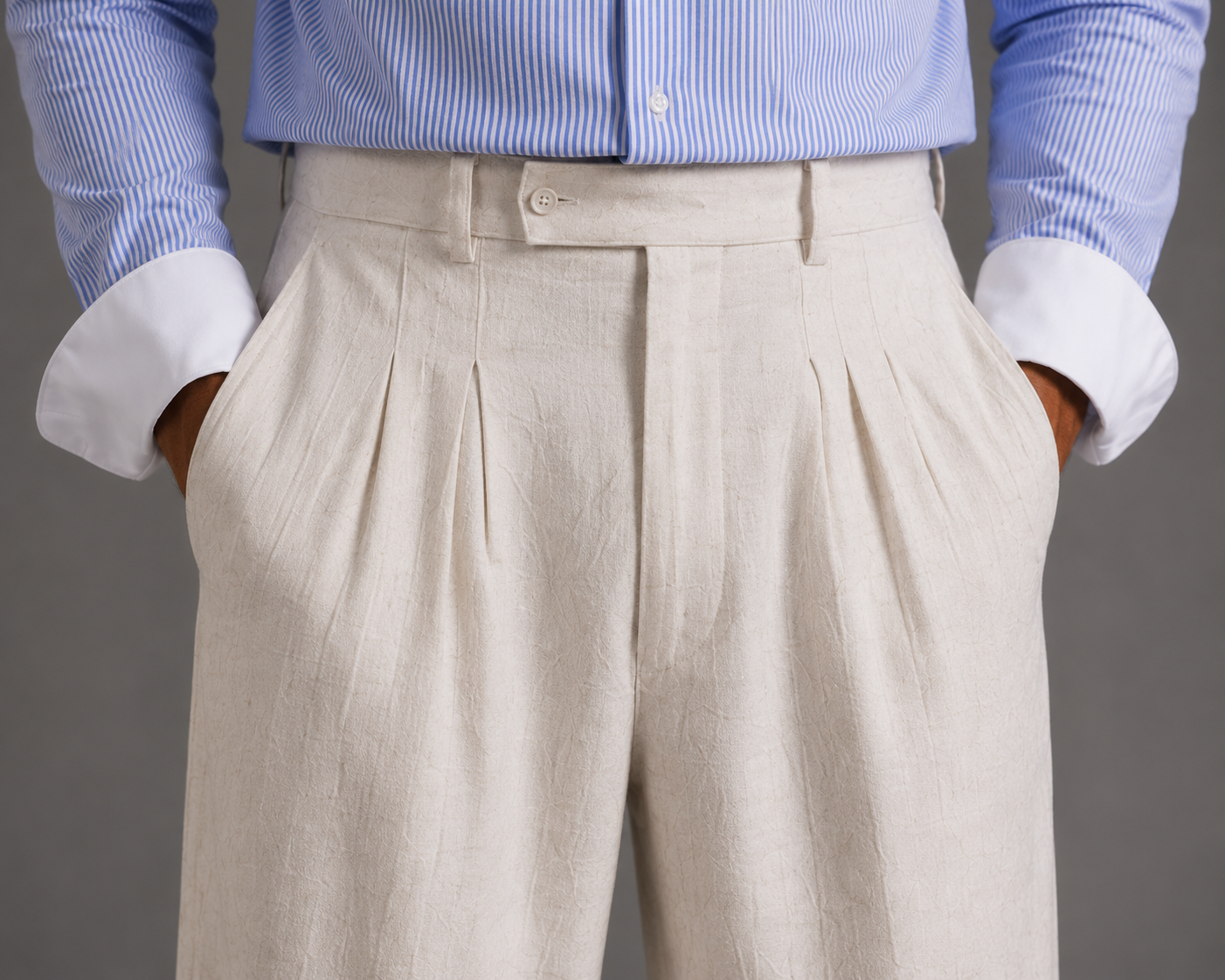 Men Linen Regular Pleated Trouser-Off-White
