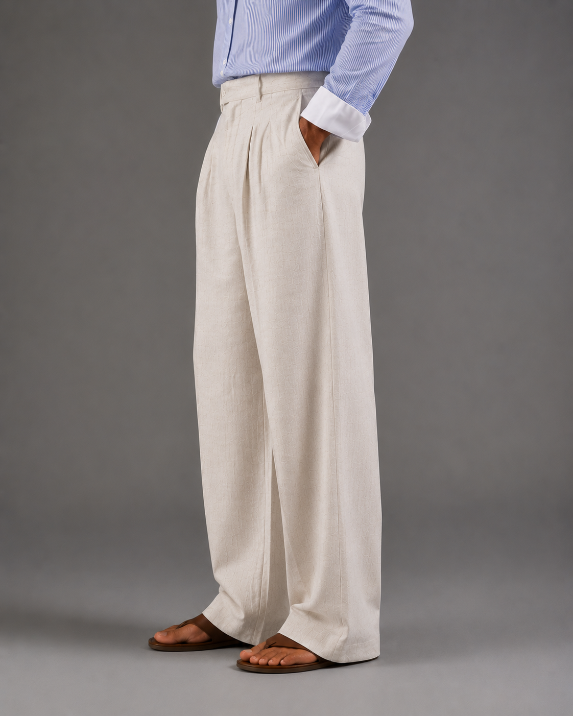Men Linen Regular Pleated Trouser-Off-White