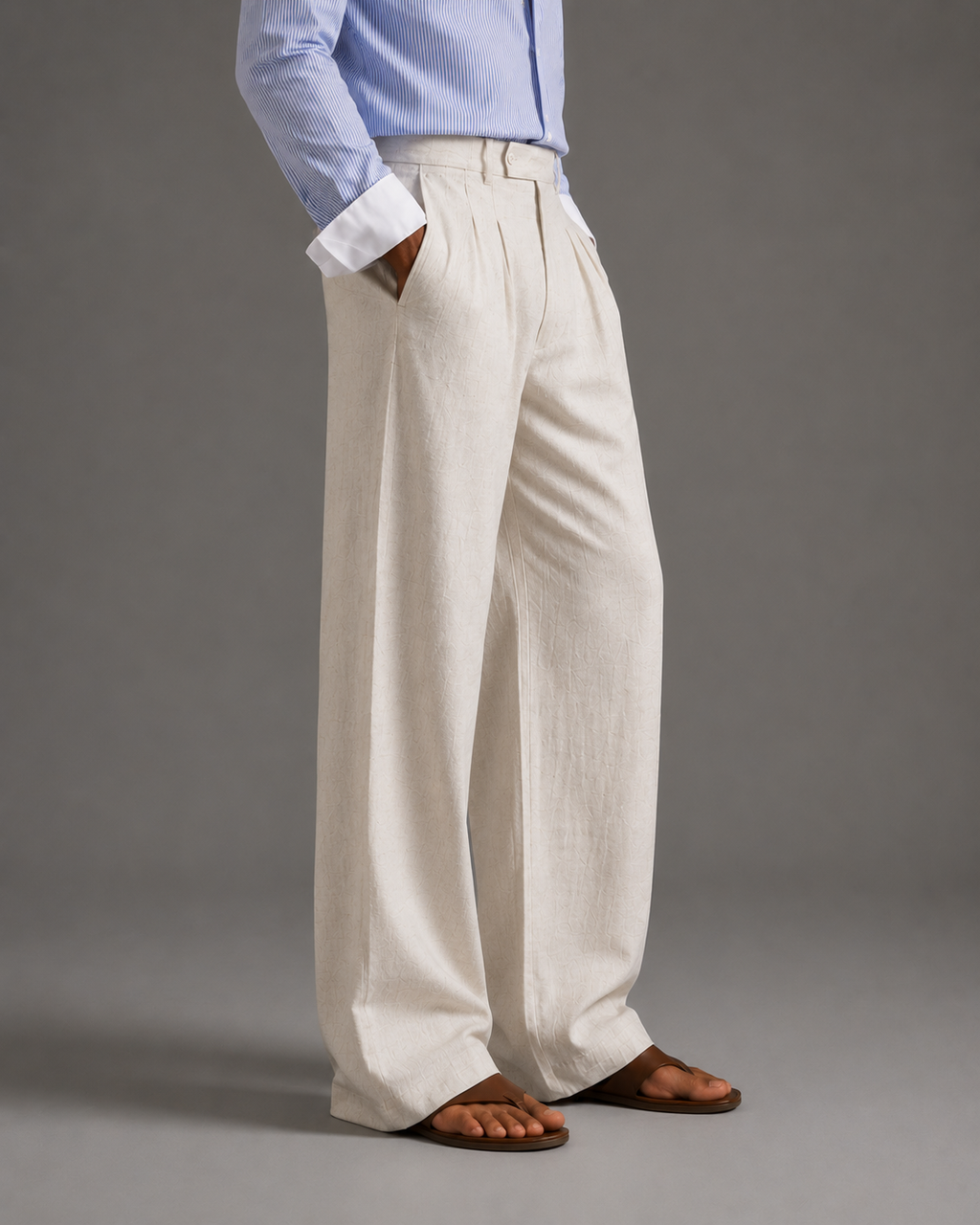 Men Linen Regular Pleated Trouser-Off-White