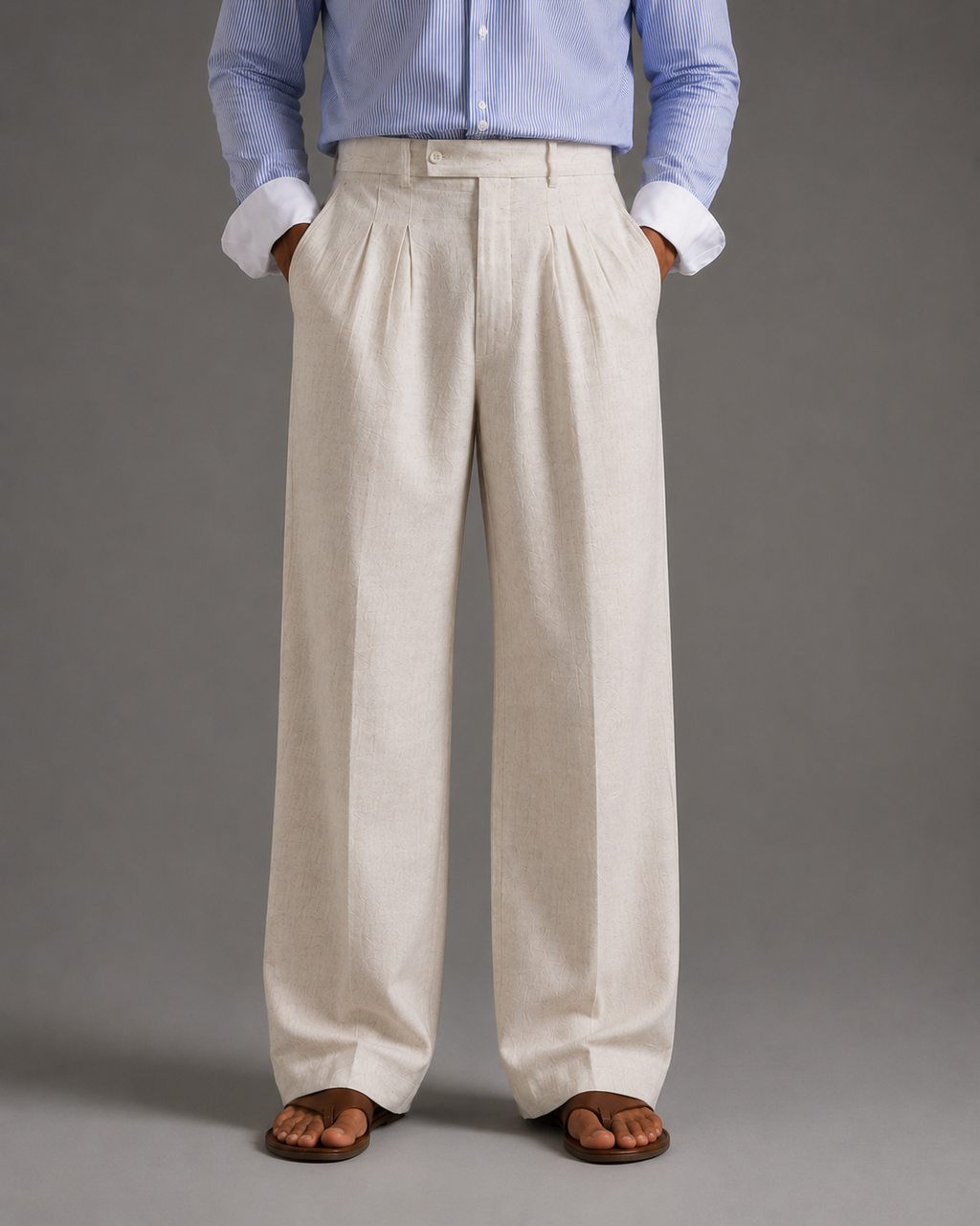 Men Linen Regular Pleated Trouser-Off-White