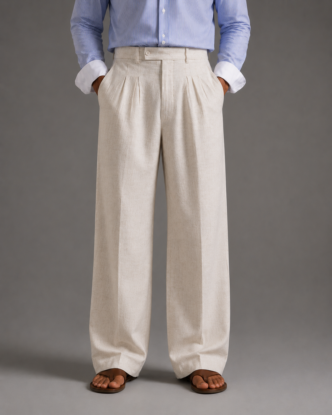 Men Linen Regular Pleated Trouser-Off-White