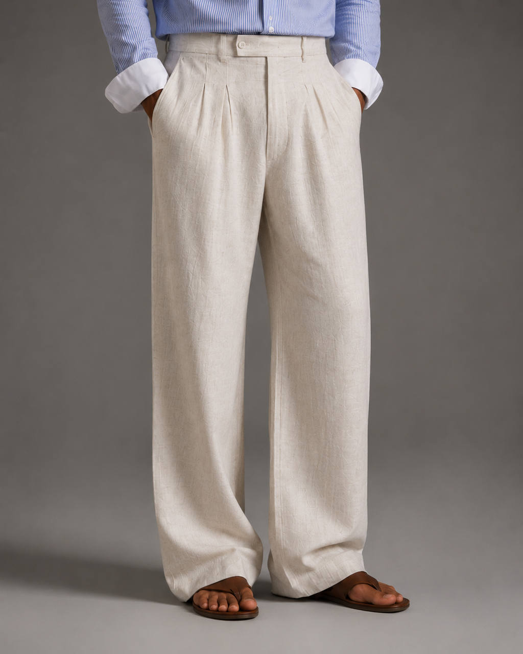 Men Linen Regular Pleated Trouser-Off-White