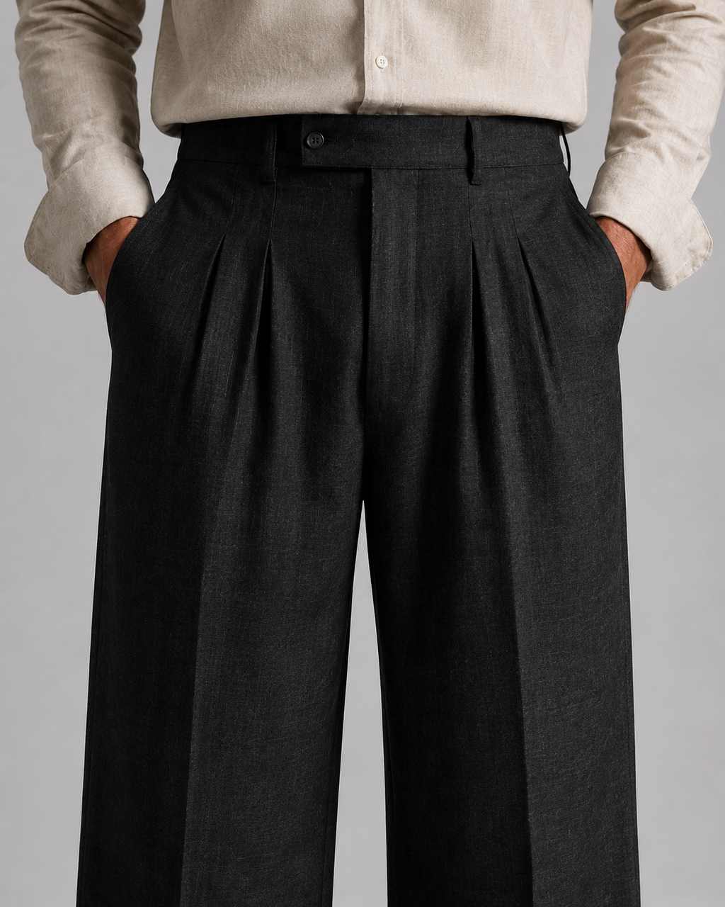 Men Linen Regular Pleated Trouser-Black