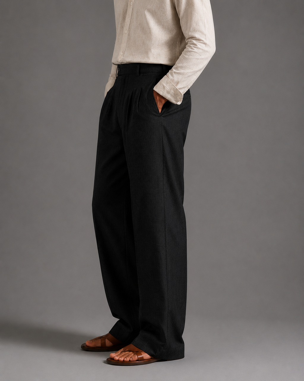 Men Linen Regular Pleated Trouser-Black