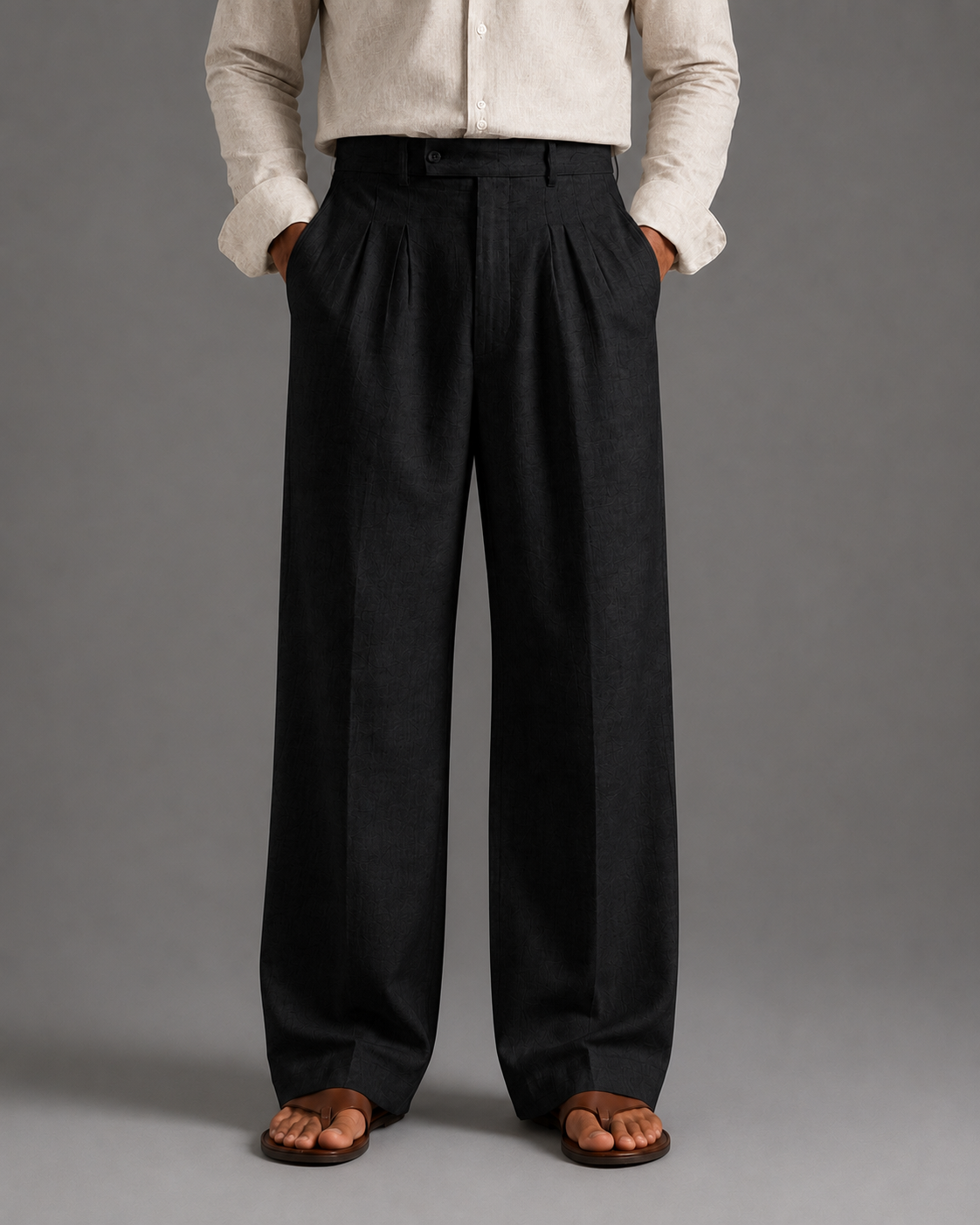 Men Linen Regular Pleated Trouser-Black