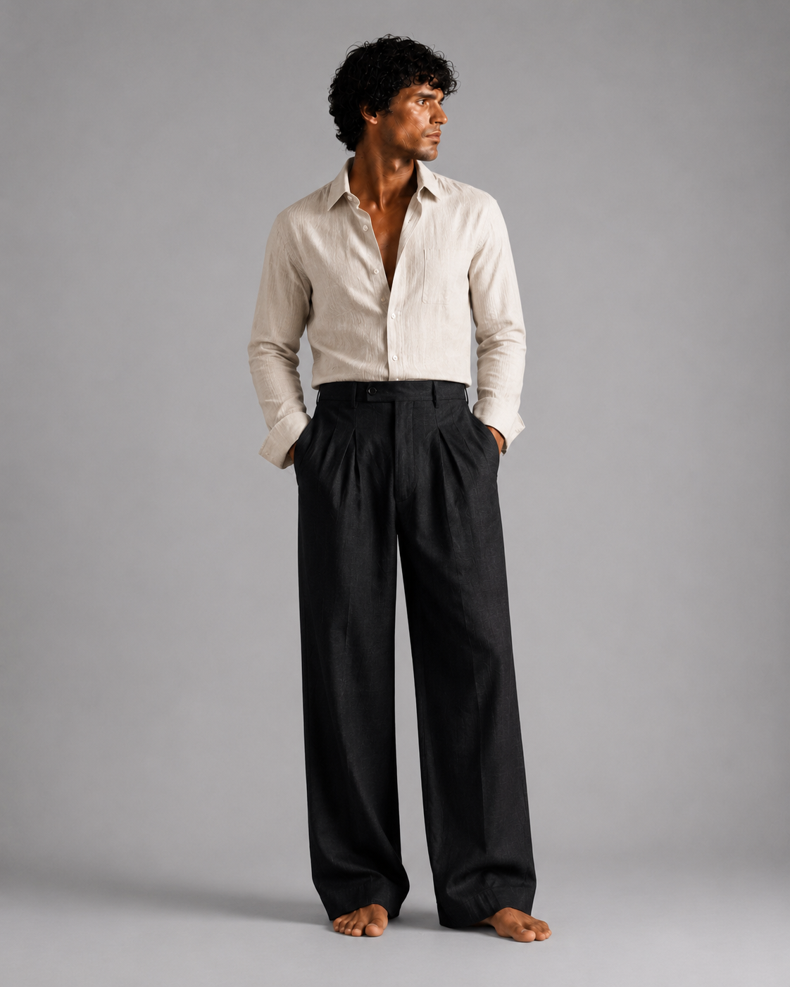 Men Linen Regular Pleated Trouser-Black