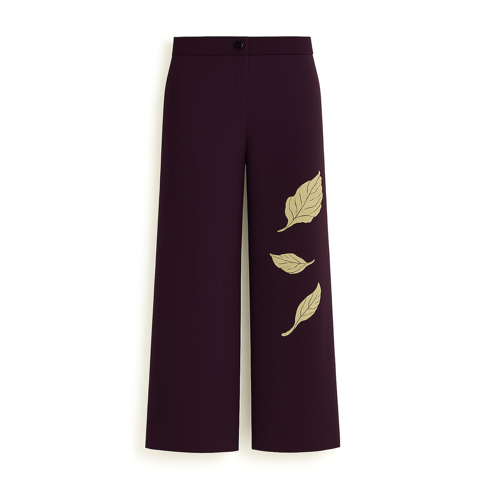 Straight Fit Wide Leg Trouser with Golden Embroidered Leaves- Purple