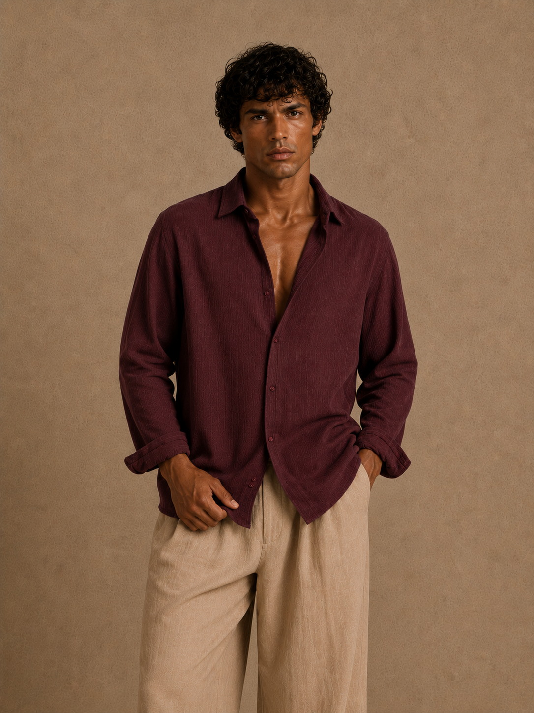 Cotton Chambray Shirt- Maroon