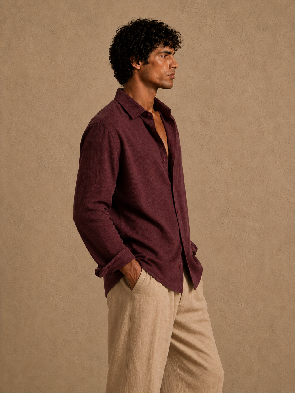 Cotton Chambray Shirt- Maroon
