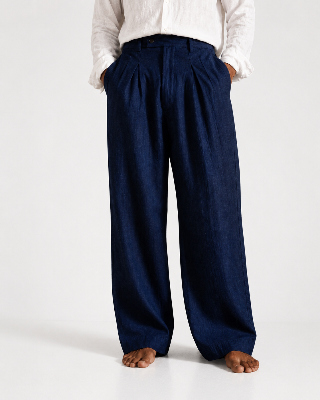 Men Linen Regular Pleated Trouser-Navy Blue