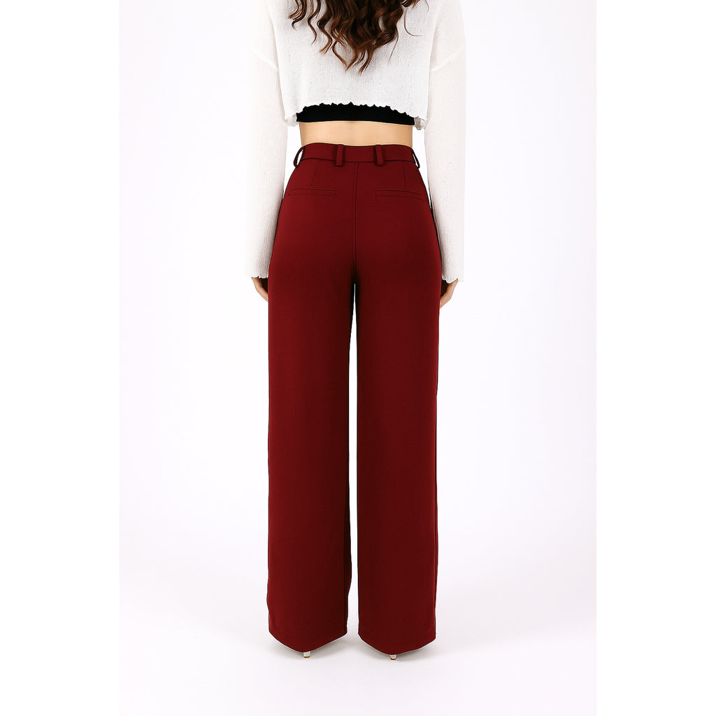Straight Fit Wide Leg Trouser - Wine