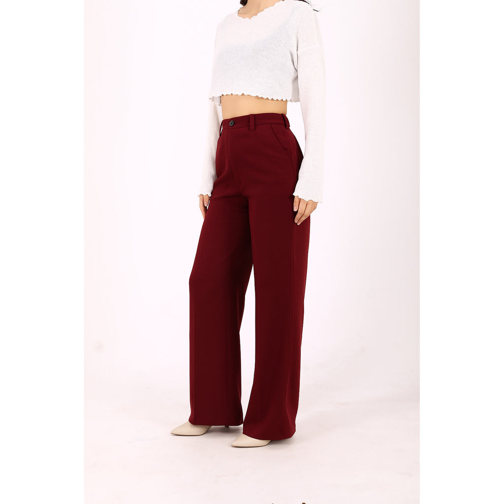 Straight Fit Wide Leg Trouser - Wine