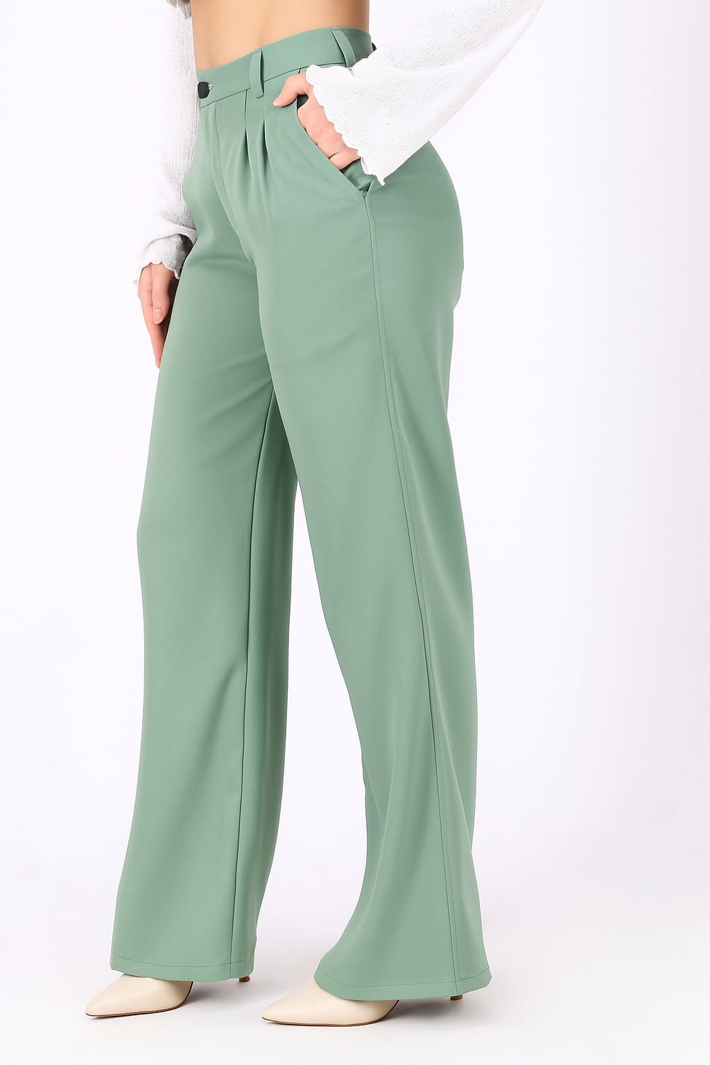 Straight Fit Trouser with Wide Leg - Sage Green