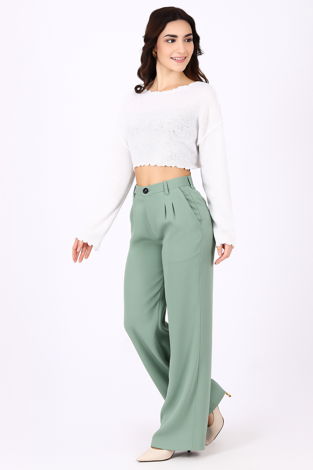 Straight Fit Trouser with Wide Leg - Sage Green