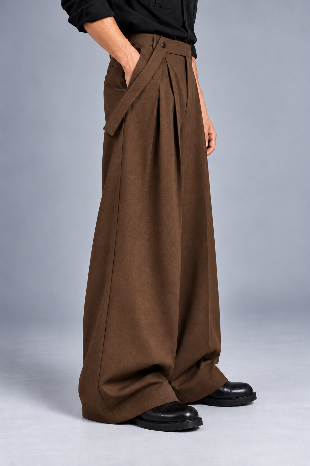 Men Straight Wide Leg Trouser with Removable Strap-Mocha