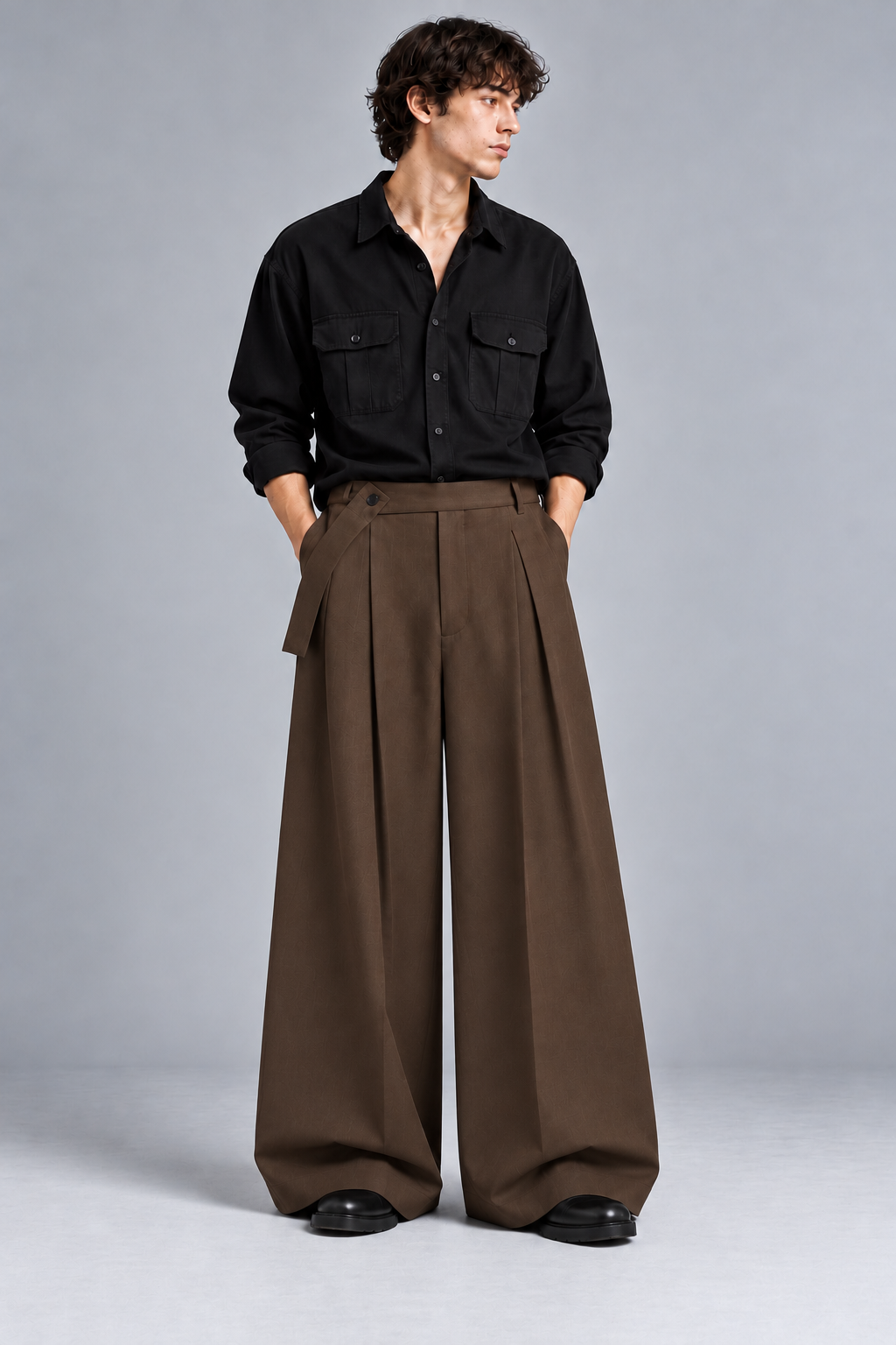 Men Straight Wide Leg Trouser with Removable Strap-Mocha