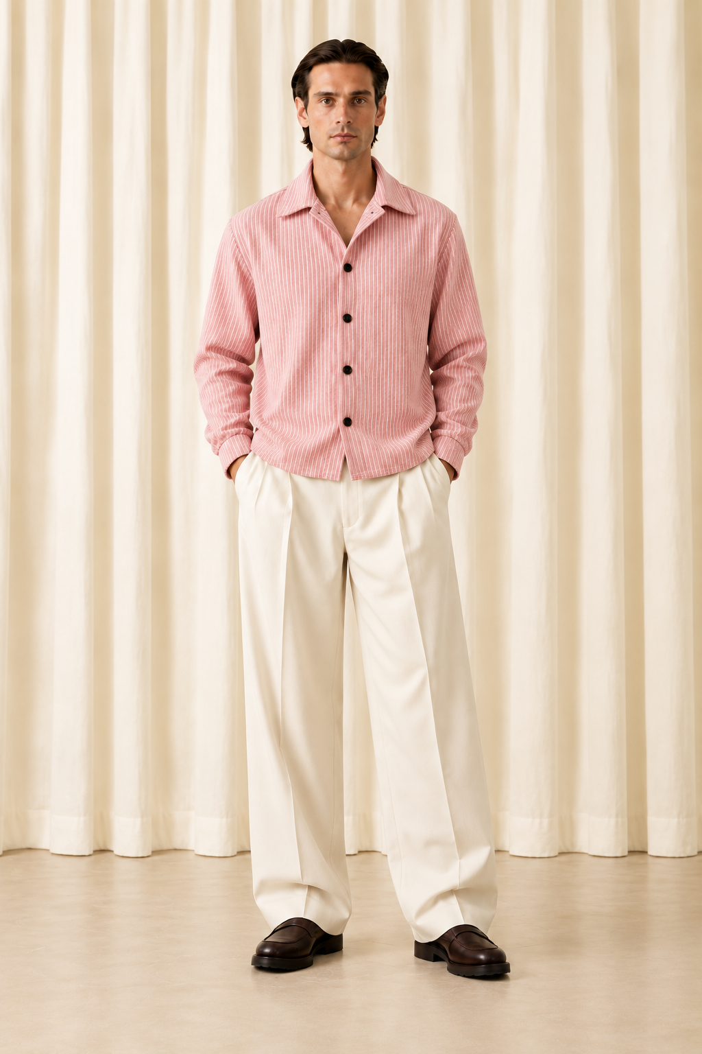 Stripe Denim Overshirt-Light Pink