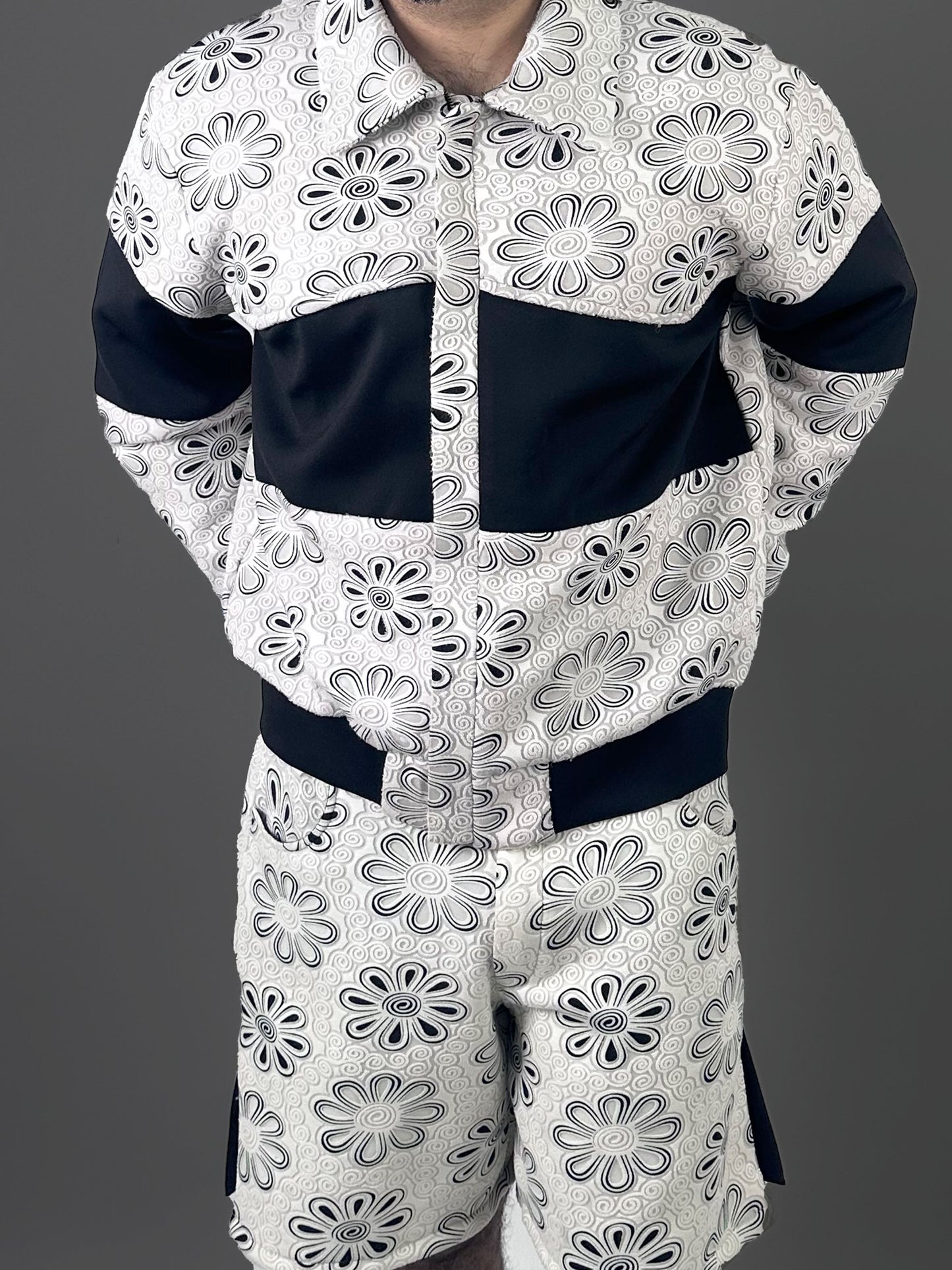 Neoprene Embossed Flower Jacket- White-Black