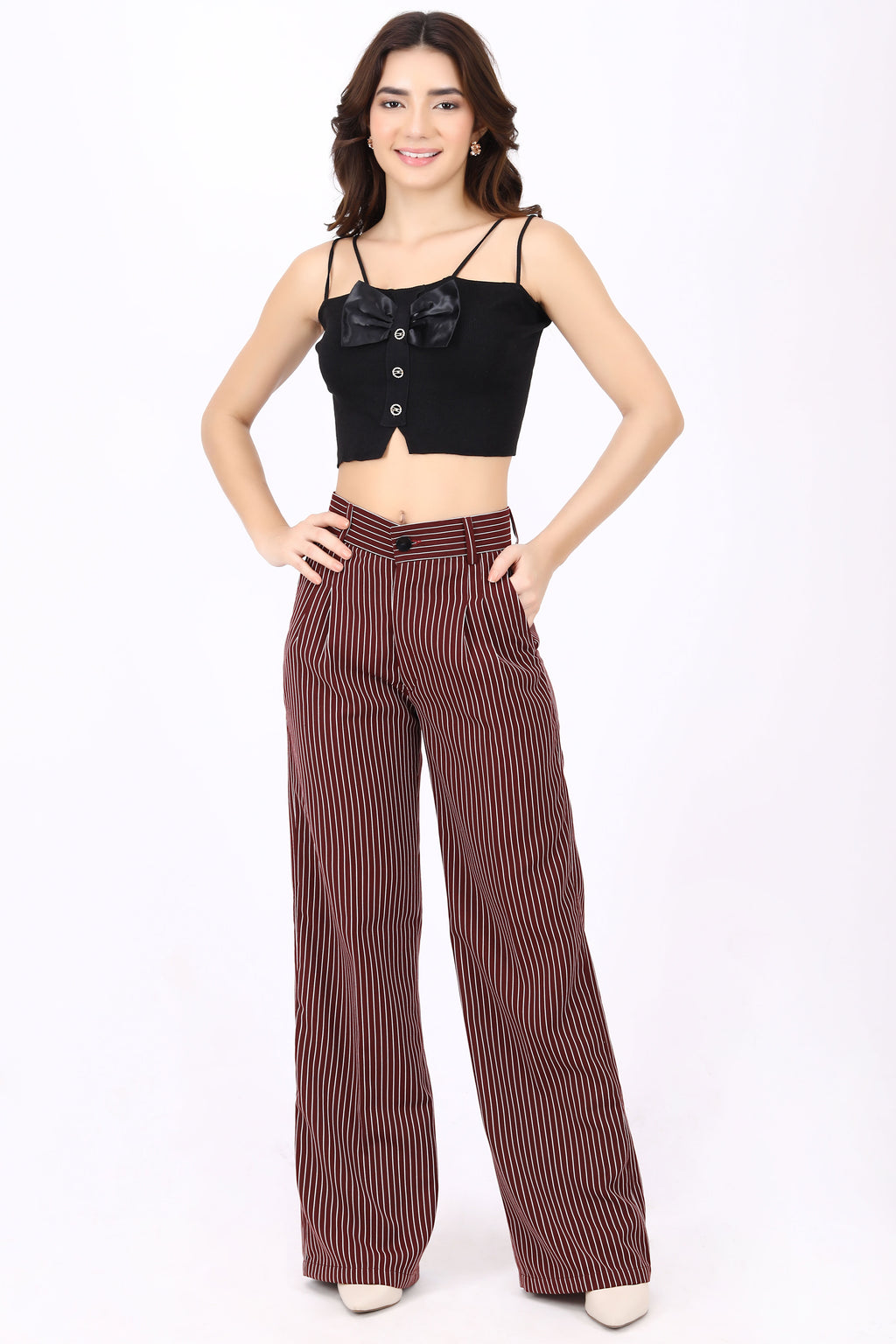 Straight Fit Wide Leg Pleated Striped Trouser- Dark Red