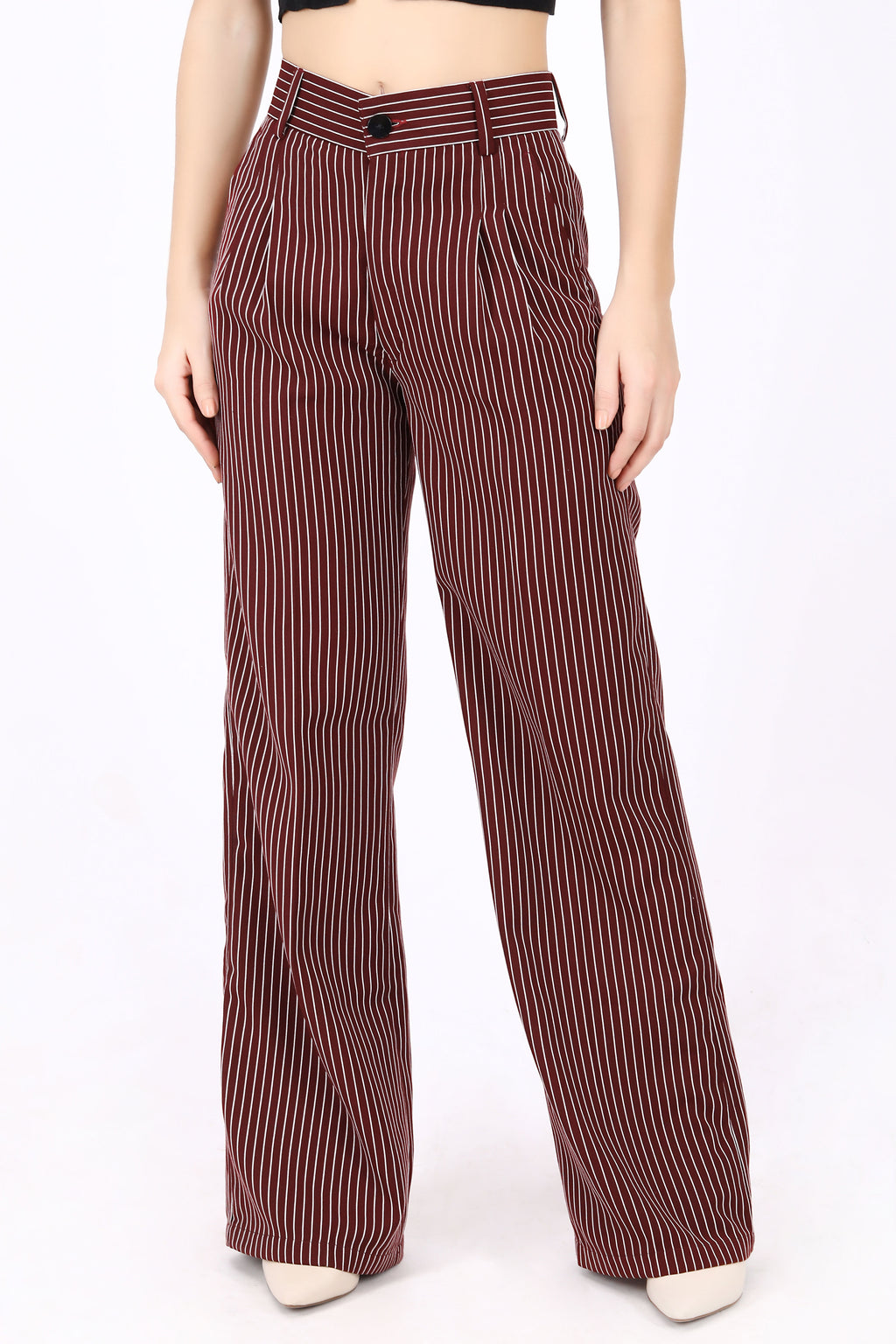 Straight Fit Wide Leg Pleated Striped Trouser- Dark Red