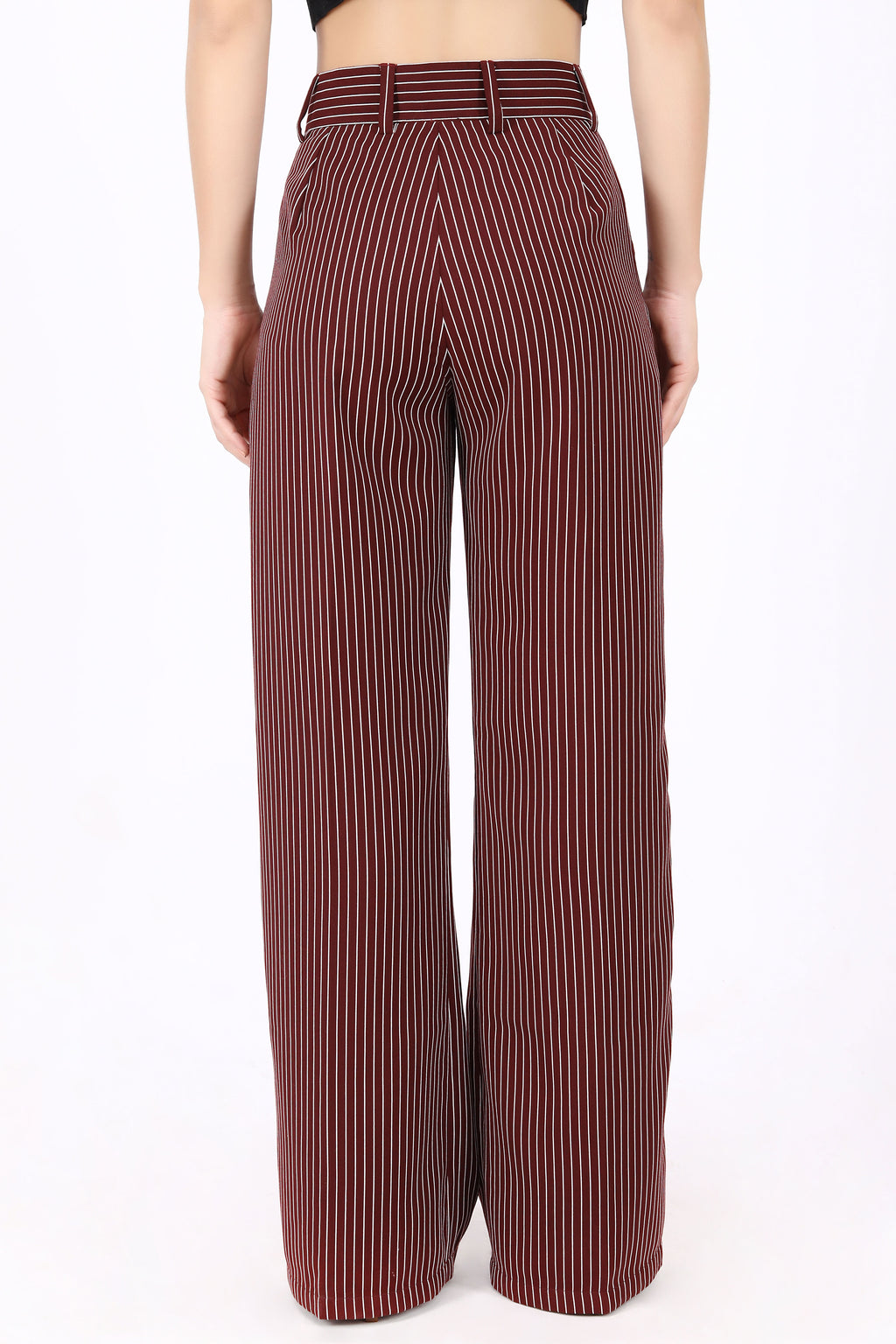Straight Fit Wide Leg Pleated Striped Trouser- Dark Red