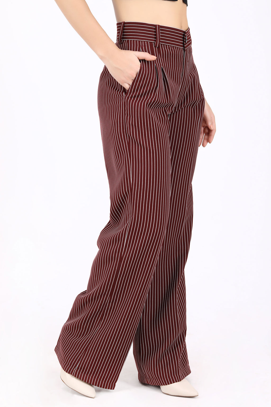 Straight Fit Wide Leg Pleated Striped Trouser- Dark Red