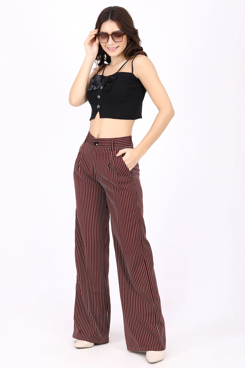 Straight Fit Wide Leg Pleated Striped Trouser- Dark Red