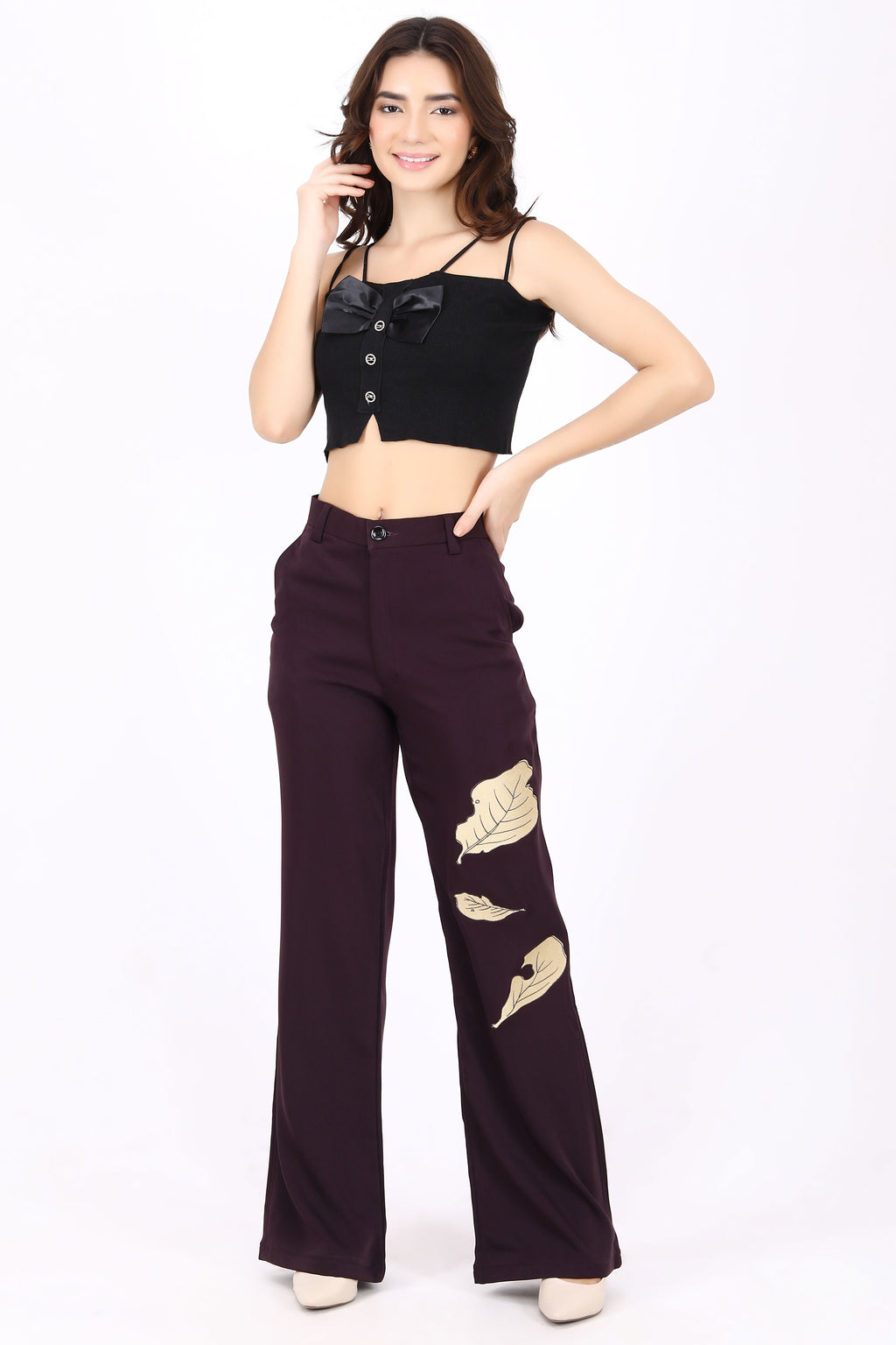 Straight Fit Wide Leg Trouser with Golden Embroidered Leaves- Purple