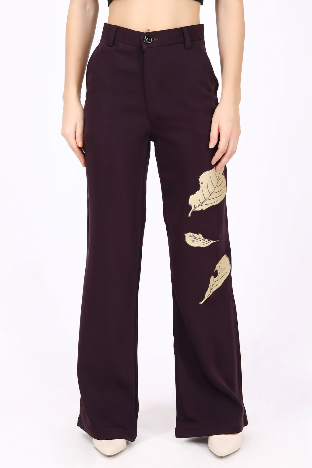 Straight Fit Wide Leg Trouser with Golden Embroidered Leaves- Purple