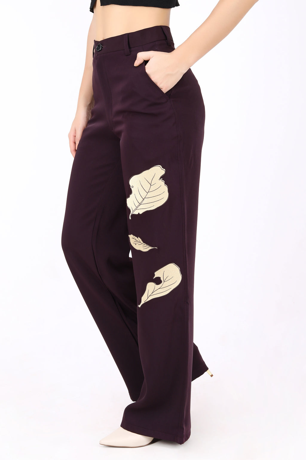 Straight Fit Wide Leg Trouser with Golden Embroidered Leaves- Purple