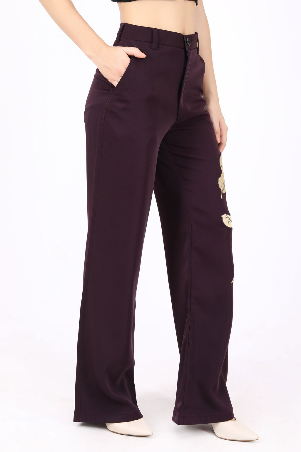 Straight Fit Wide Leg Trouser with Golden Embroidered Leaves- Purple