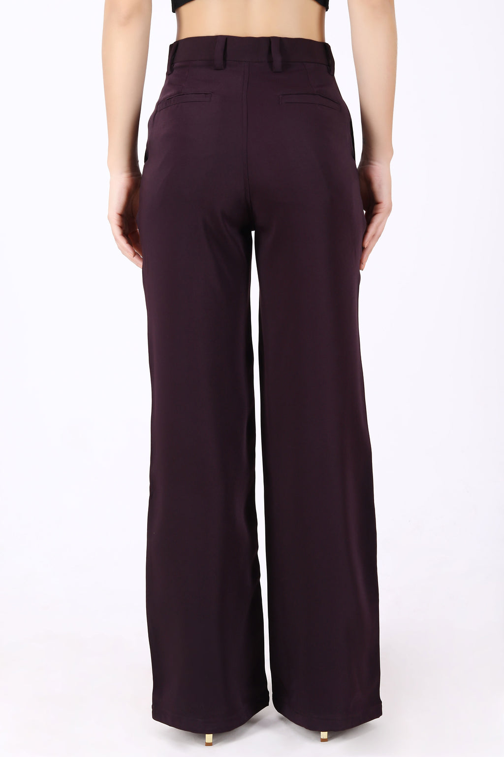 Straight Fit Wide Leg Trouser with Golden Embroidered Leaves- Purple