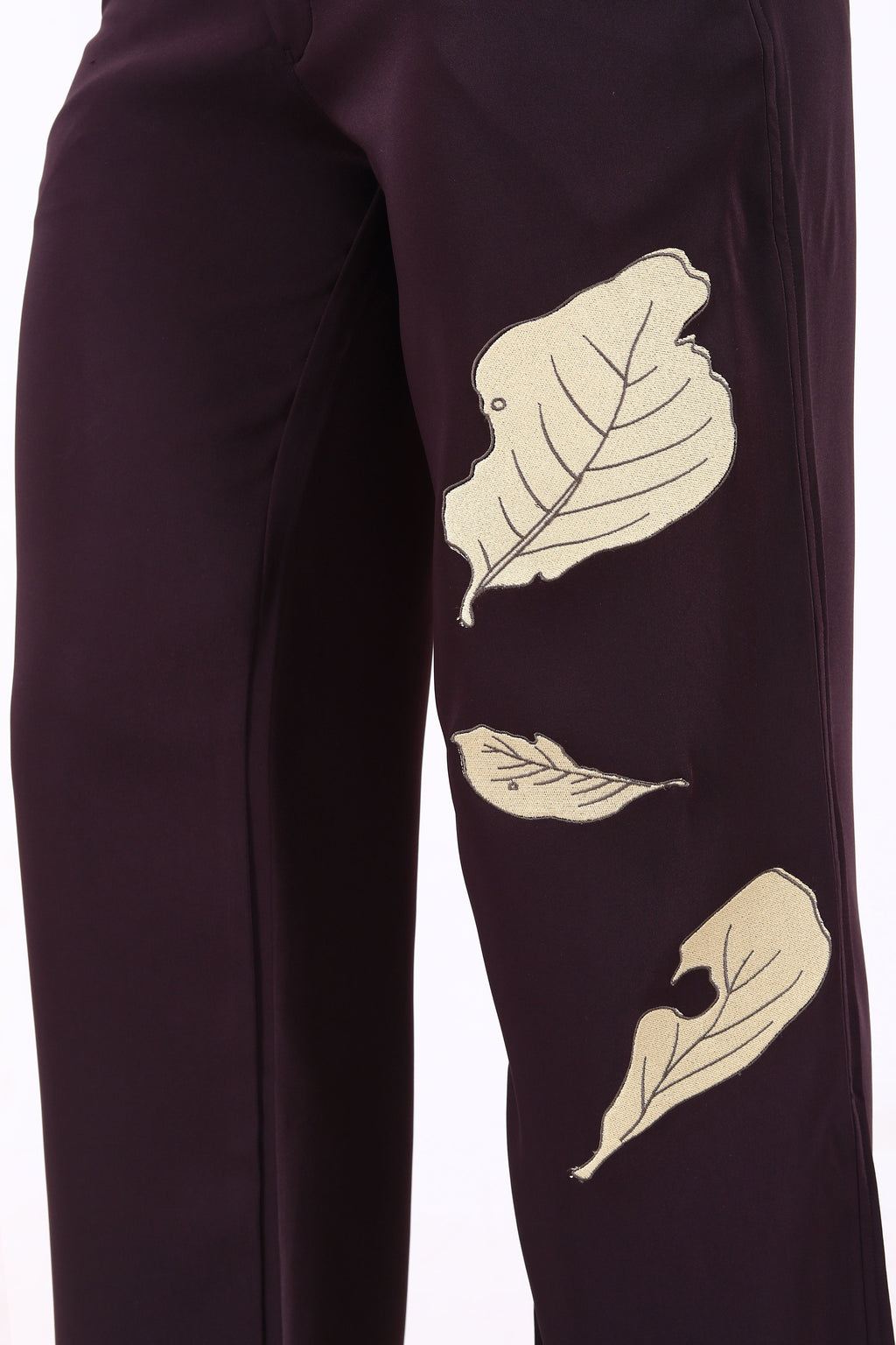 Straight Fit Wide Leg Trouser with Golden Embroidered Leaves- Purple