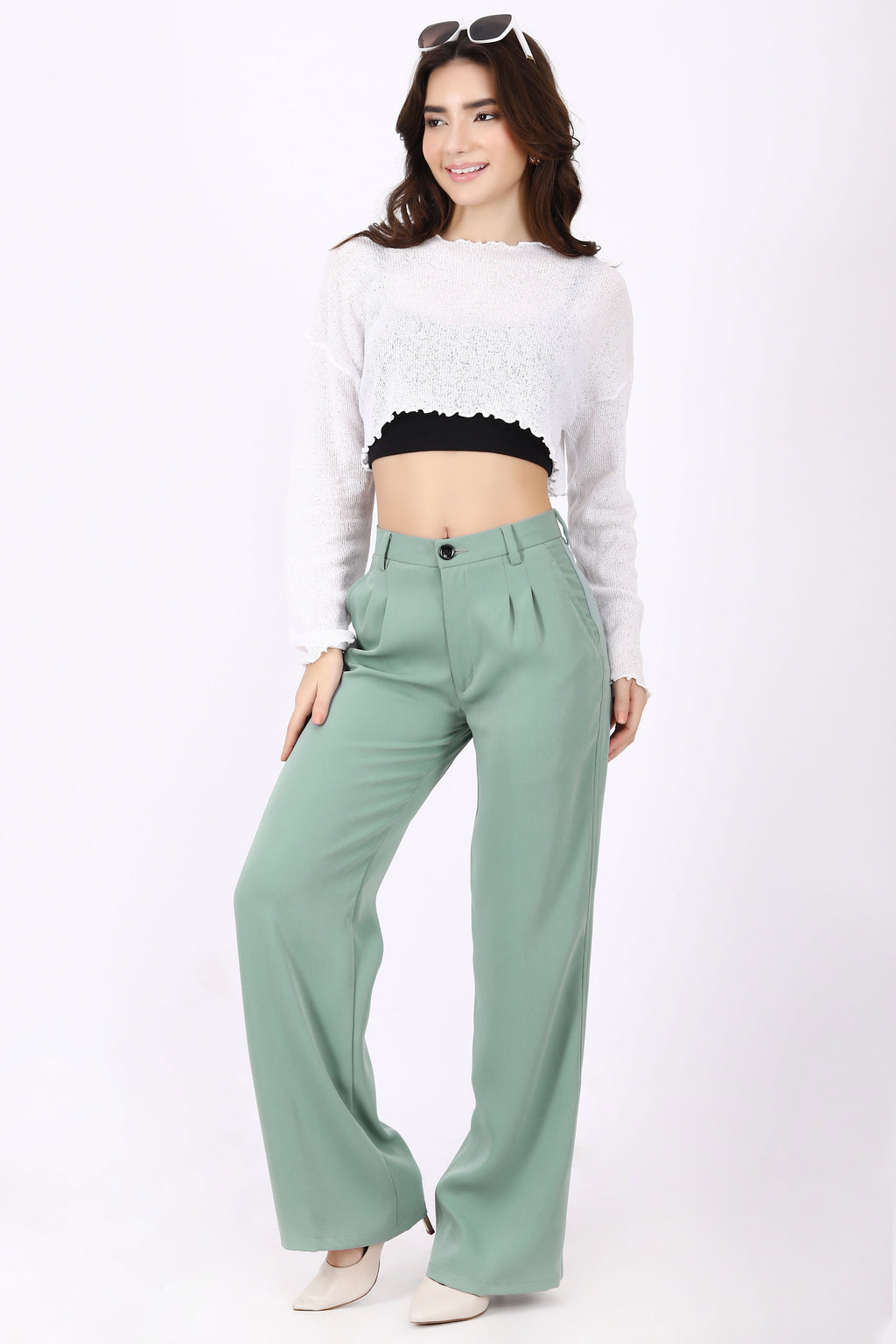 Straight Fit Trouser with Wide Leg - Sage Green
