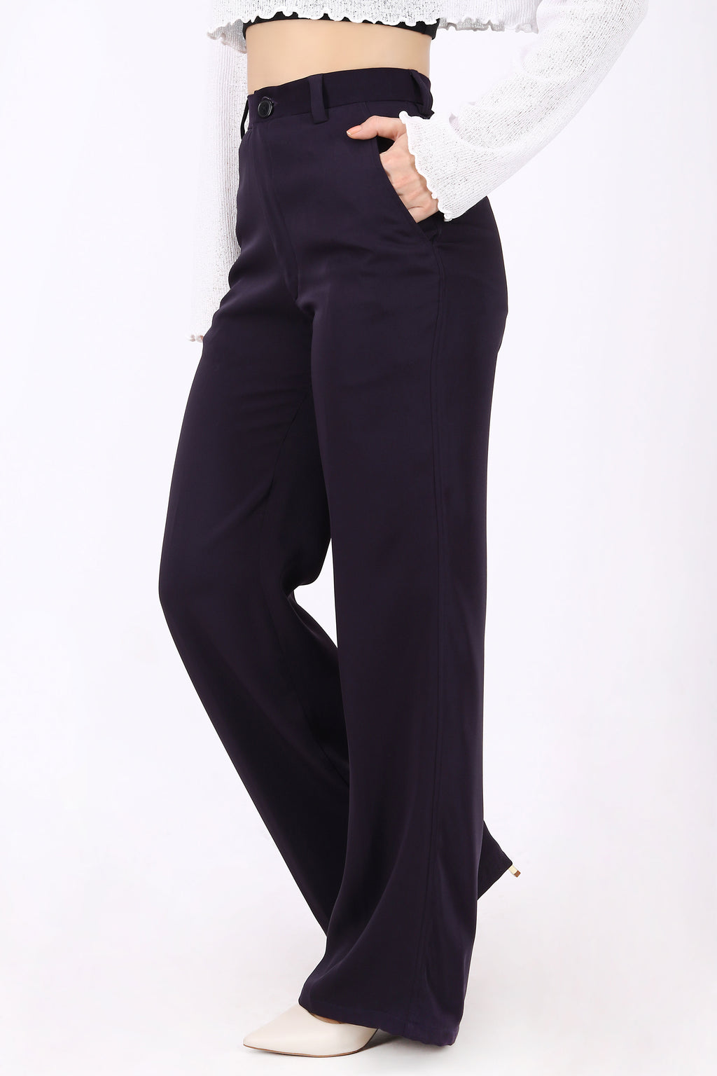 Straight Fit Trousers with Wide Leg - Midnight Purple
