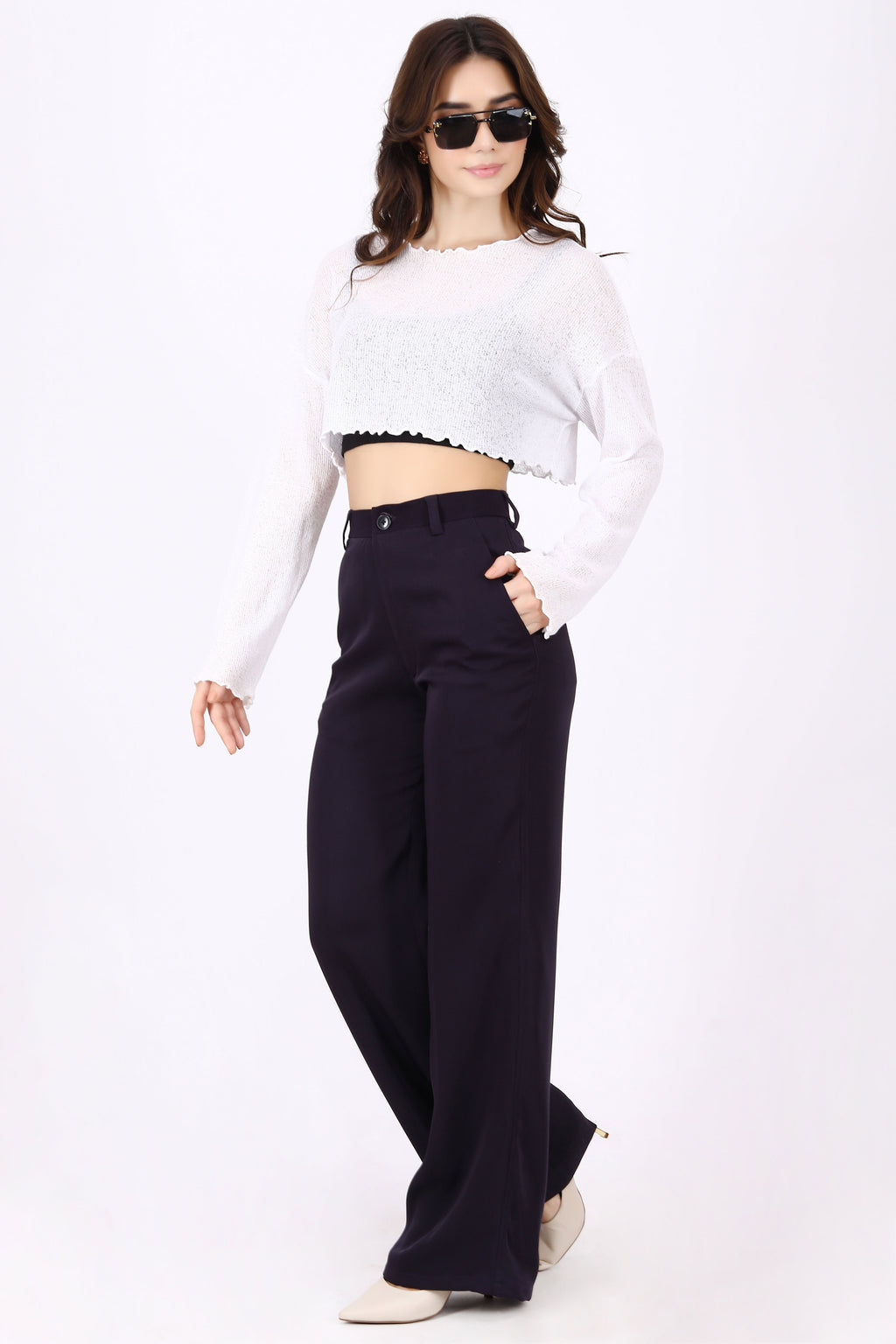 Straight Fit Trousers with Wide Leg - Midnight Purple